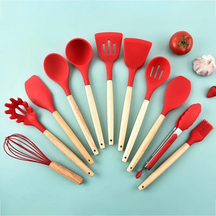 Utensílios de Cozinha de Silicone com Cabo de Madeira - 12 Unidades